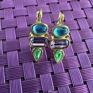 Gold-Tone Multi-Gem Drop Earrings with Blue, Purple & Green Stones